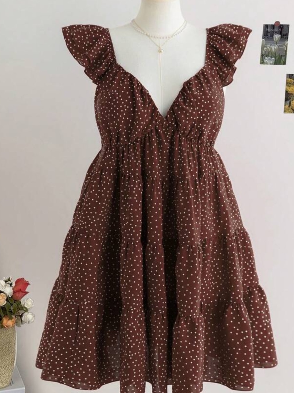 Plus Size Brown Polka Dot Ruffle Strap Mini Dress